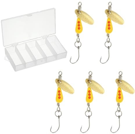 PATIKIL Fishing Spinners 1/10 oz, 5 Pack Single Hook Trout Lures Teardrop Fishing Lures Inline Spinner with Tackle Boxes for Freshwater Saltwater Fishing, Yellow/Red
