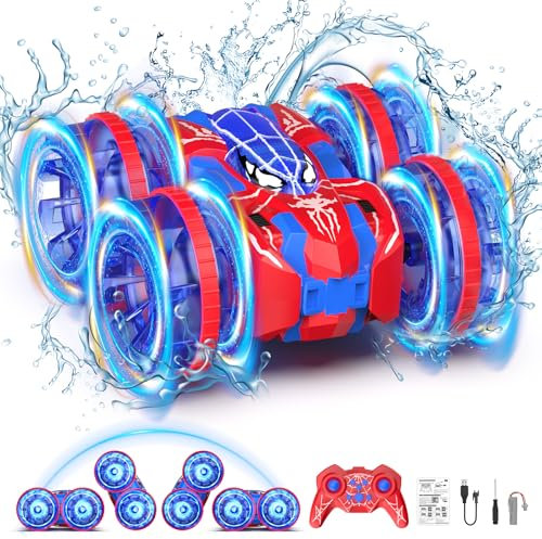 fygurso wasserdichtes Fernsteuerungsauto, 4WD amphibisches 2.4 GHz RC-Auto Fernsteuerungsboot, 360° Drehung RC-Kunstfahrzeug mit LED-Lichtern, Jungen- und Mädchengeschenk für alle Gelände(Rot)