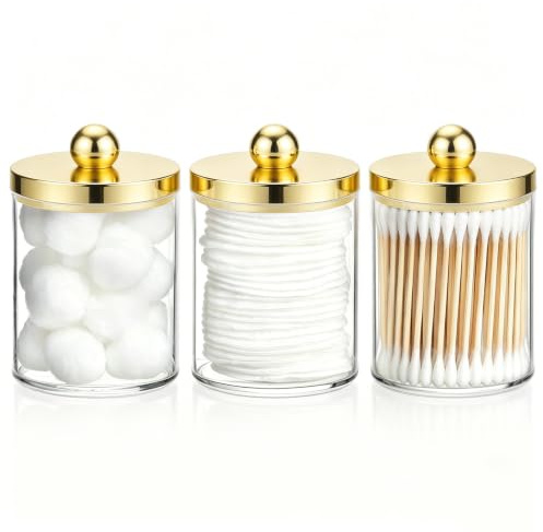 Tbestmax 10oz Qtips Holder - Plastic Apothecary Jar with Gold Lids for Cotton Swab, Cotton Round Pads, Floss - Gold