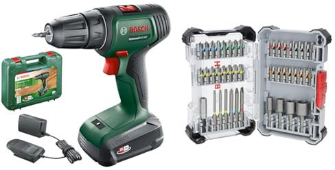 Bosch Akkuschrauber UniversalDrill 18V (2 Akkus, 18 Volt System, im Koffer) + 43x Extra Hard Schrauberbit-Set, 43‑tlg. (197 x 110,5 mm, Professional Zubehör Schraubendreher, Bohrschrauber)