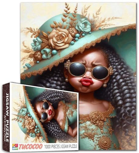 Sassy Black Girl Puzzle 1000 Pieces for Adults Jigsaw with Green Dress and Sunglasses Whimsical Art Puzzles for Women Unique Aesthetic Vintage Style Fun Gift for Puzzle Lovers