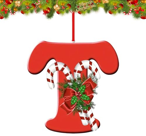 YUDANSI 26Letter Christmas Decorations, Personalised Christmas Ornaments(T) | Red DIY Hanging Christmas Tree Decorations, Candy Cane 26 Alphabet Pendants for Christmas Baubles, Xmas Home Decorations