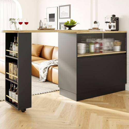 KOMHTOM Table de Bar Extensible avec Espace de Rangement, Meuble Bar avec 2 Portes en Verre, Rotation Libre à 360 °, étagères latérales (Noir)