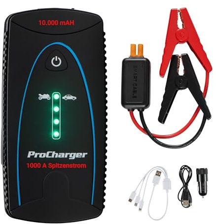 ProCharger Startbooster & Akkupack 10.000mA, 12V Lithium Starthilfe Powerbank für PKW, Tragbares Batterieladegerät Auto, Starthilfe Powerbank mit Überbrückungskabel Auto, Batterieladegerät Motorrad