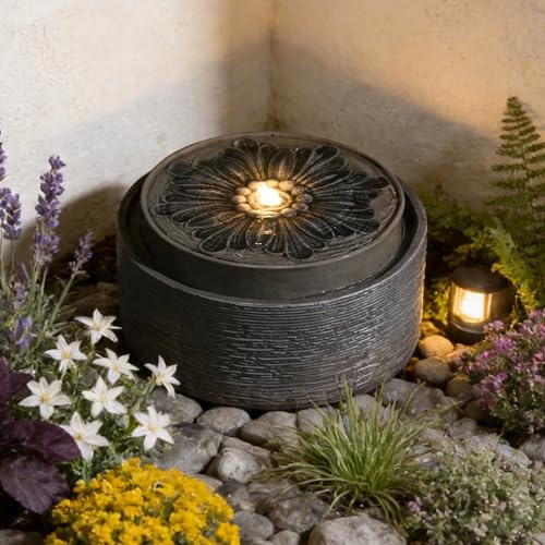 Sunlinua Wasserbrunnen für Innen & Außen mit LED – zylindrischer Standbrunnen mit Blaseneffekt & Wasserfall, Grau, für Garten, Terrasse & Eingangsbereich