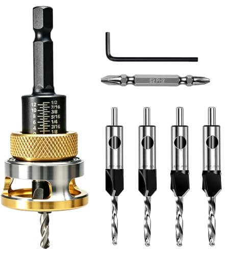 Burmong 4-piece Countersink Drill Bit Set with Adjustable Depth Stop & L-Wrench, Hcs Four-Flute Drill Set for Wood, Plastic, and DIY Projects