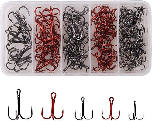 130pcs Fishing Treble Hooks Kit High Carbon Steel Strong Sharp Round Bend Fish Hooks for Lures Baits Mixed Size