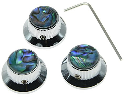 KAISH Set of 3 Set Screw Abalone Top Chrome Guitar Bass Knobs Strat Metal Knobs for 6mm Shaft Pots
