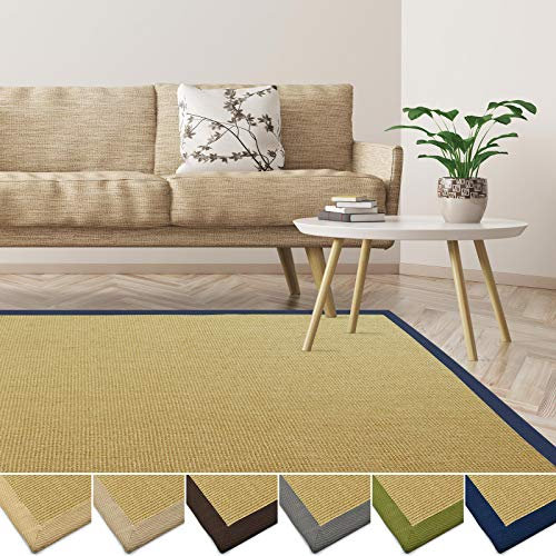 casa pura Teppich aus Sisal, umweltfreundlich, rutschfest, strapazierfähig, ideal für Wohnzimmer, Schlafzimmer, Küche | Natur mit blauem Rand – 40 x 60 cm