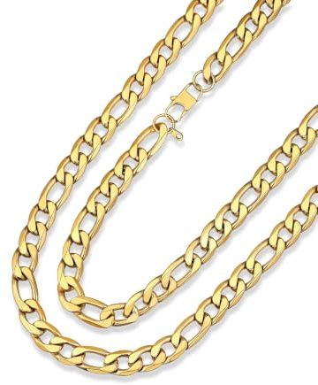 ChainsHouse Collar Figaro para Mujeres Hombres, Impermeable e Antialergico | 4-6-9-13mm de Ancho 41-76cm de Largo [Platino Negro Dorado], Joyero Incluido