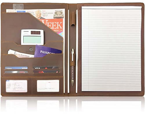 Konferenzmappe A4 Leder Dokumentenmappe/Padfolio – Notizblock-Halter für Präsentation oder Interview, Dokumentenorganizer Portfolio Vielseitig mit Fächern für Papier Reisepass Karten + 1 Stift