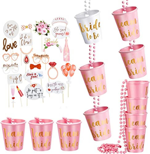 JGA Deko Set, 12 Stück Team Braut und Bachelorette Party Schnapsgläser Umhängen Perlen Halskette und 23 Stück JGA Foto Requisiten für Junggesellenabschied Frauen