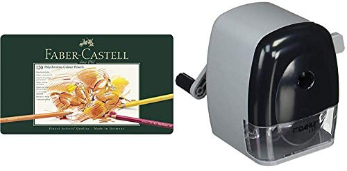 Faber-Castell 110011 - Künstlerfarbstifte Polychromos, 120er Metalletui & Dahle 133 Manuelle Spitzmaschine (Anspitzer für Stiftdurchmesser bis 11,5 mm) grau/schwarz