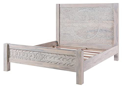 MASSIVMOEBEL24.DE Kashmir Bett 180x200 Massivholz, Bettgestell aus massivem Mango-Holz in weiß geöltem Farbton, hohes Kopfteil, orientalisch Romantisches Design, Florale Verzierungen