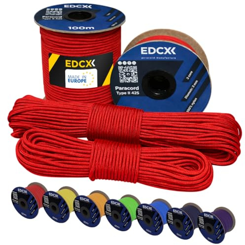 EdcX 3 mm Nylon Paracord 425 (15, 30, 50 and 100m) – 3 mm Type II, 100% Nylon Rope, 3 Strand Rope, 3 mm Nylon Rope in Many Colors (Red, 50 m)