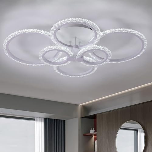 GreeLustr Acryl Ring Kronleuchter, Moderne LED Deckenleuchte, Metall Weiße Lampe Geometrisches Design Unterputzleuchte für Zuhause Wohnzimmer Küche Schlafzimmer (6-Ringe Kühles Weiß)