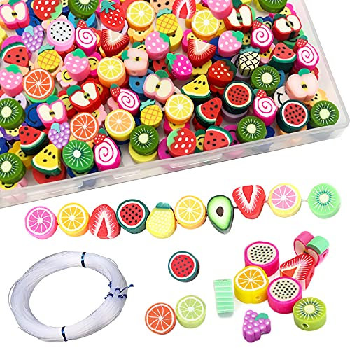 VEGCOO Flower Smiley Face Bead, 200PCS 10mm Mixed Color Clay Soft Ceramic With Thread for Jewelry Handmade DIY Making Accessories (Fruit)