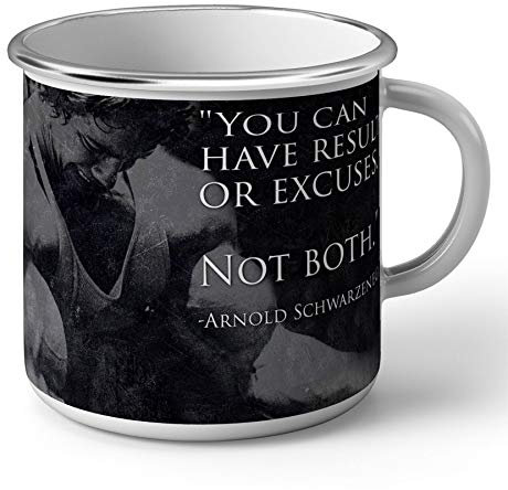 French Unicorn Emaillierte Tasse, Metall, Zitat, Schauspieler Schwarzenegger's Motivation, Results, Gold Entschuldigung