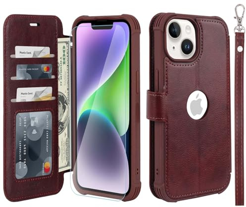 VANAVAGY Wallet Case for iPhone 13/14 6.1 Inch,Burgundy | PU Leather Flip Folio,Slim,12ft Drop Protection,RFID Blocking Card Holder,Kickstand,Wrist Strap,Includes Screen Protector