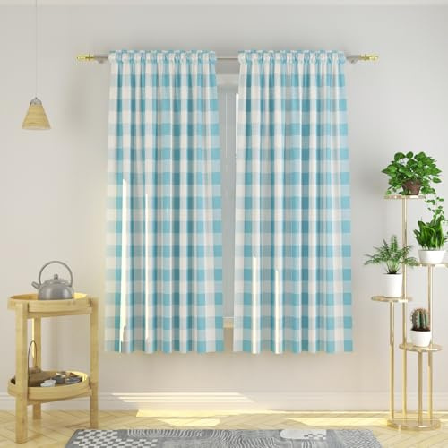 Buffalo-Karo, Baumwollvorhänge, 183 cm lang, Himmelblau und Weiß, Vichy-Karo, Küchenfenster, Vorhangpaneele, Wohnzimmer, Karierte Vorhänge, Schlafzimmer, Stangentasche, Fensterbehandlung, 2 Paneele