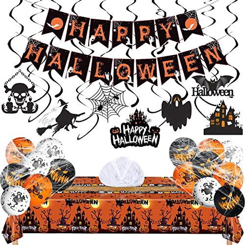 Halloween Party Deko Set, XXL Halloween Dekorations Halloween tischdecke Halloween Banner Girlande Halloween Spinnennetz Spiralanhänger Kürbis Luftballons, Halloween Thema Party für Jungen Mädchen