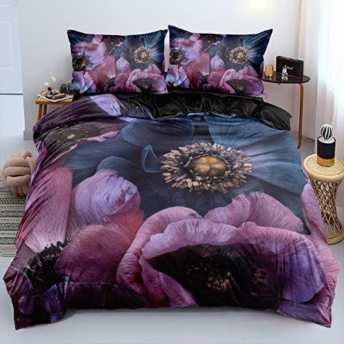 DXHOME 3D Bettwäsche 135x200 4teilig Floral Lila Romantisch Vintage Mikrofaser Bettwäsche Blumen Wendebettwäsche für Schlafzimmer mit Reißverschluss 2 Bettbezüge 135x200 cm 2 Kissenbezüge 80x80 cm