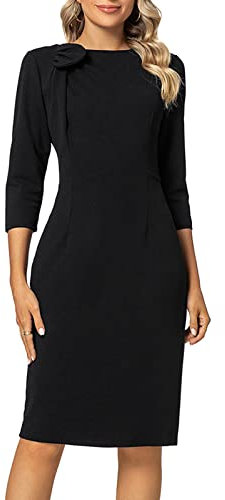 MINTLIMIT Women Sheath Dress 3/4 Sleeve Bow Neck Wear to Work Pencil Dresses Black