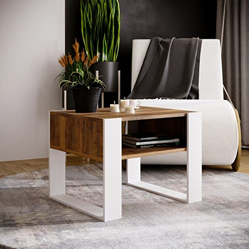 MRBLS_HOME MRBLS Couchtisch – modernes rustikales Design – Wohnzimmer-Tisch Beistelltisch Kaffeetisch Sofatisch Teetisch aus Holz (Retro Eiche - Weiß Matt) - 65 x 45 x 53,6cm (B/H/T)