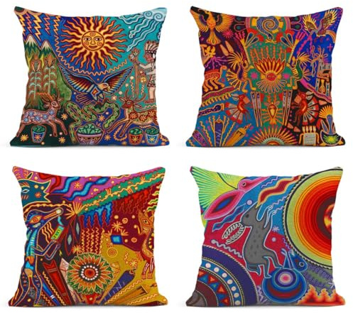 Sanwarm Deko-Kissenbezüge, Heimdekoration, Set mit 4 Kissenbezügen, dekorativ, Zierkissen, 50,8 x 50,8 cm, Outdoor-Kissen, Couch, Sofa, bunt, Kreis, Gekritzel, ethnisches Blatt
