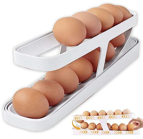 Aoreun Organizador Huevos Nevera, dispensador automático de huevos para refrigerador doble capa de gran capacidad para huevos, ahorrar espacio contiene 12-14 huevos contenedor para huevos
