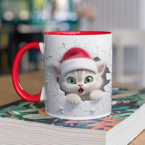 3D Cute Animal Mug | Creative Design Ceramic Coffee Mug | Cat Mug | 3D Effect Crack Mugs | Xmas Hat Animal Cup | Christmas Funny Gift Presents Novelty Red Trim Dishwasher/Microwave Safe Ceramic 11oz