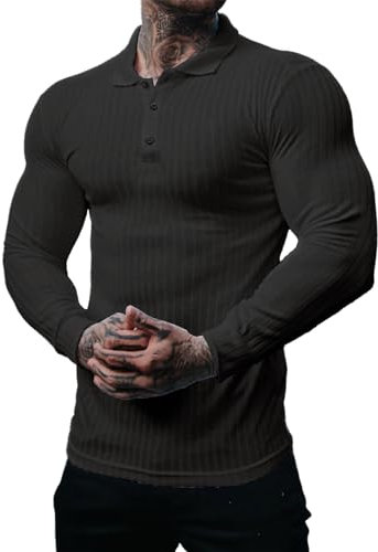 Muscle Cmdr Men's Cotton Muscle Shirts Slim Fit Business Casual Tee Long Sleeve Ribbed Polo V Neck Shirt Black/L