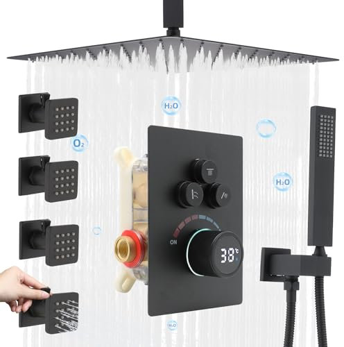 Delnet Shower System with Body Jets, 12 Inch Ceiling Mounted Rain Shower Set, Concealed 3 Way Outlet Digital Display Diverter Valve, Can Use All Options at A Time, Matte Black