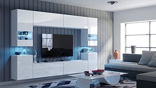 Com4t-Style C27 White Gloss Living Room Furniture Set LED Lighting - TV Unit - Push to Open TV Cabinets for Living Room - 240 x 176 x 35 cm