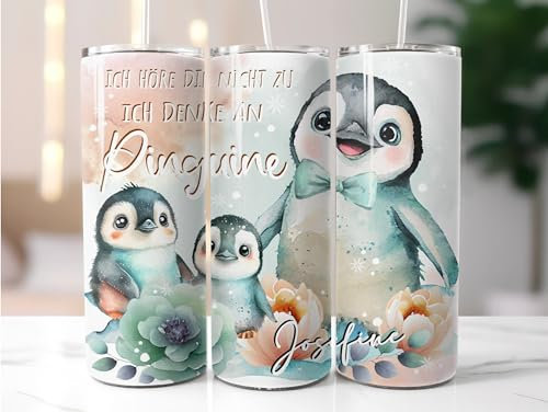 Lolleby´s Kindertraumland TUMBLER Thermobecher PINGUIN - PERSONALISIERT - 3-wandig, hält Getränke kalt und heiß, 590 ml, Edelstahl