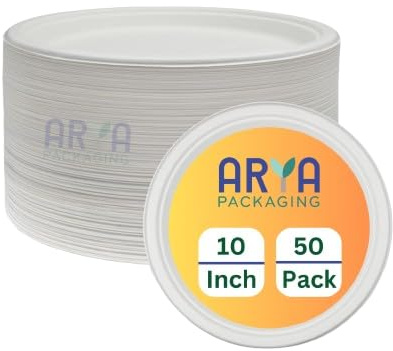 Arya PACKAGING 10 Inch Pack of 50, 100% Compostable Heavy-Duty Eco-Friendly Disposable Bagasse Plates, Made of Natural Sugarcane Fibers Biodegradable Paper Plates