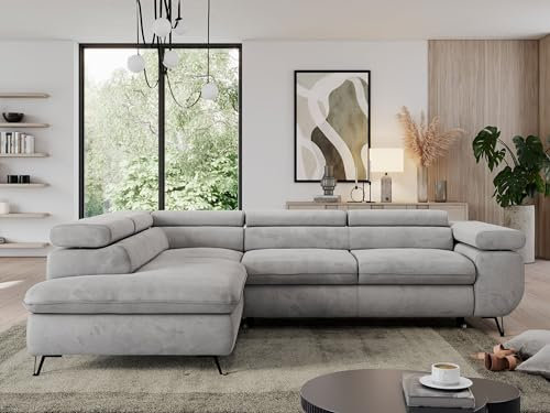 MKS MEBLE Sofa L, Wohnlandschaft L-Form mit Schlaffunktion und Bettkasten, Schlafsofa mit Bettkasten, Ecksofa, Sofa mit Einstellbare Kopfstützen, Pedro L - Hellgrau Velvet - Links