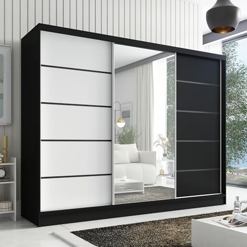 A&J MöbelLand Schwebetürenschrank Aurelia 2 Kleiderschrank 3-türig mit Schubladen, und Spiegel, Garderobe 200 cm (Schwarz/schwarz/weiß)