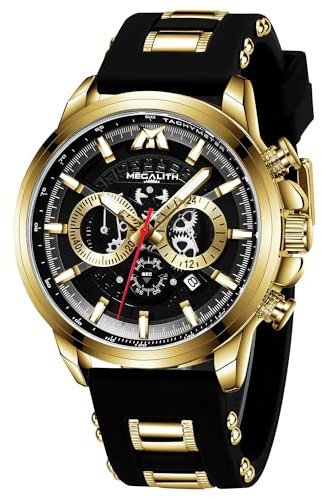 MEGALITH Reloj de Pulsera Grande Hombre: Cronógrafo Impermeable Elegante - Negro Analogico Caucho Relojes