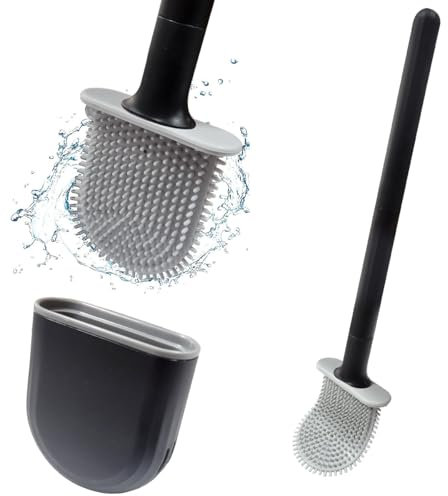 Ruayia Toilettenbürste Silikon flachem mit schnell trocknendem, WC Bürste Wandmontage Flexibel Flache Toilettenbürste - Schwarz Grau