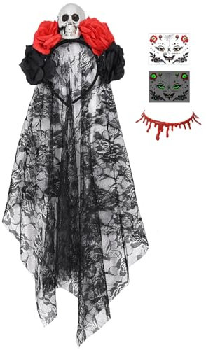 Evolyline Halloween schwarzer schleier halloween kostüm damen dia de los muertos kostüm damen tag der toten schleier gruselig Künstliche Blumen Rose Spitzen skelett schleier für Halloween Party