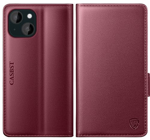 CASBST for iPhone 14 Case, Kickstand Flip Leather Wallet Book Case with Card Slots Shockproof Magnetic Closure Protective Phone Case Cover Compatible with iPhone 14 - Wine Red