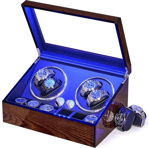 BEWISHOME Caricatore per Orologi Automatici, Scatola Carica Orologi Automatici e Meccanici con Luce LED, 4 Rotatori per Orologi con Motore Ultra-Silenzioso e 6 Extra Stoccaggio, Watch Winder ESYQ01Y