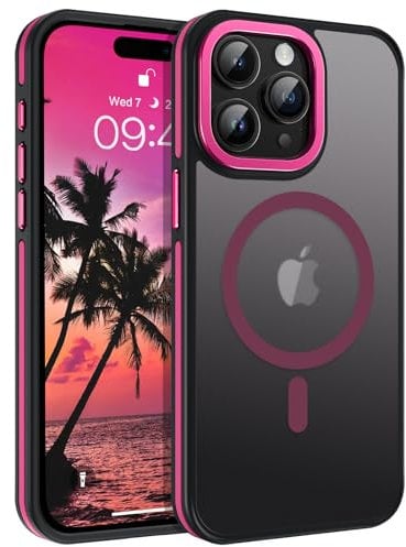 DOMAVER Case for iPhone 15 Pro Max, [Compatible with mag-safe] Supports Wireless Charging Slim Translucent Matte Men Women Shockproof Protective Case for iPhone 15 Pro Max 6.7 Inch, Hot Pink