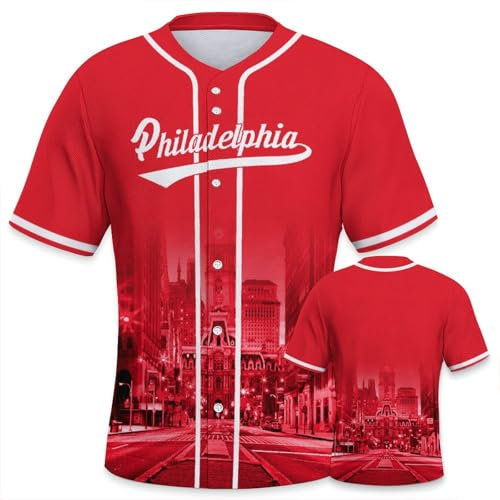 Baseball-Trikot, Stadt, Nacht, Skyline, bedruckt, Bekleidung für Herren, Fans, Geschenke, S-2XL, Rot/Weiß, XL