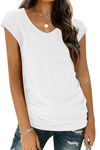 Zeagoo T-Shirt Damen Lässig Kurzarm Oberteile V-Ausschnitt Longshirt Kurzärmliges Shirt mit Tasche Sommer Weiß XL