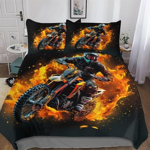AAPZY Motorrad 3D Bettw?sche Set Bettbezug Jungen M?dchen Microfaser Angenehme Betten Bettdeckenbezug Mit Kissenbezug, Mit Rei?Verschluss Bettbezüge Single (135x200cm)