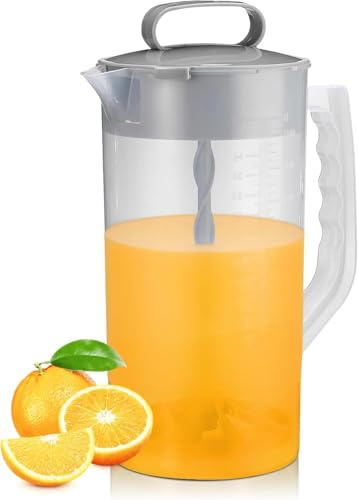 WUWFKUI Mixing Pitcher for Drinks, 2 Quart/ 64oz Plastic Water Pitcher with Lid, Angled Plastic Blades and Adjustable Mixer Plunger for Juice, Beverage Container