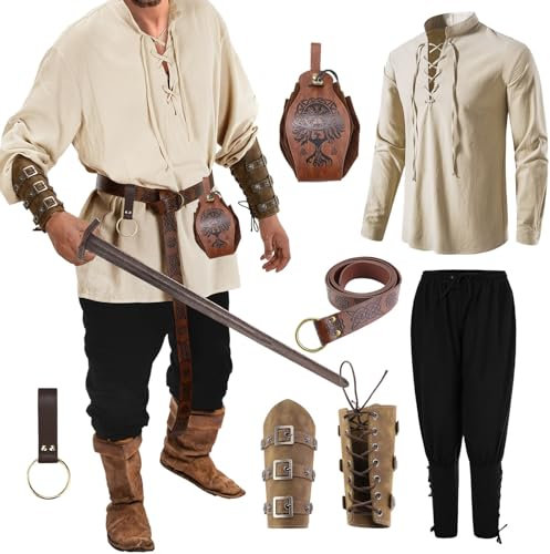 Vhersily 7-teiliges Renaissance-Kostüm-Set für Herren, Hemden mit V-Ausschnitt, Hose, Mittelalterliches Ritter-Kostüm mit Zubehör der Renaissance zum Verkleiden von Halloween