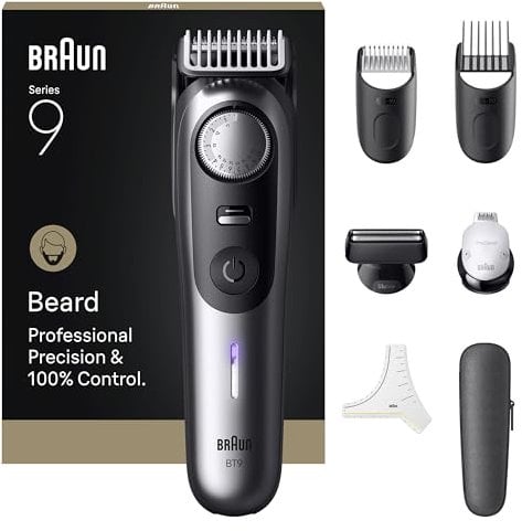 Braun Barttrimmer Series 9, mit 7 Barber Tools, Power Boost & Lebenslang scharfe ProBlade Klinge, 180 Min Akkulaufzeit, Mit Fade, 52 Längen, Präzisionsrad & Verriegelung, Wasserdicht, BT9520, Chrom